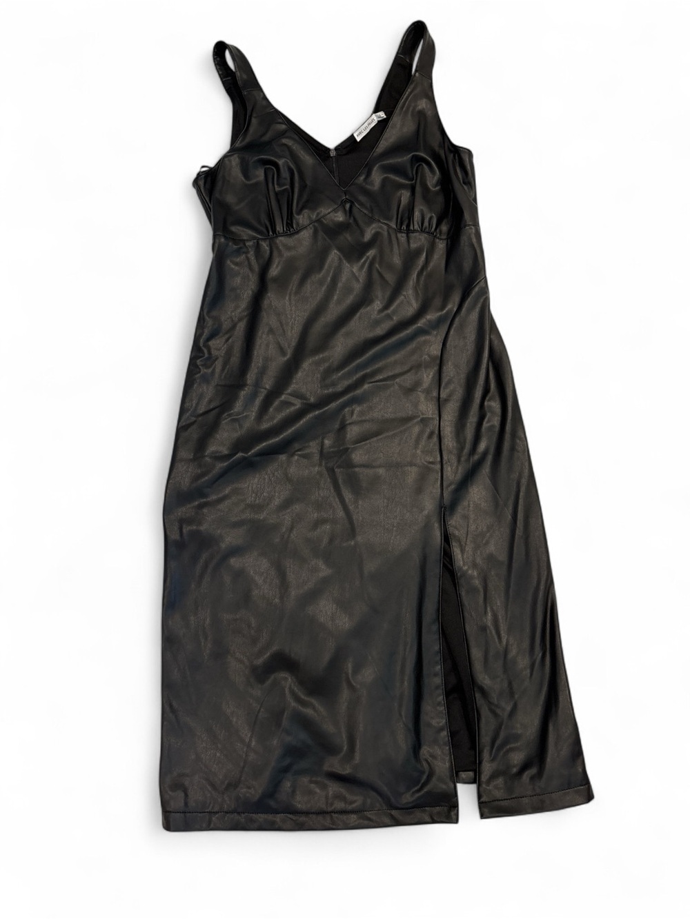 Avec Les Filles Black Faux Leather Slip Dress with V-Neck